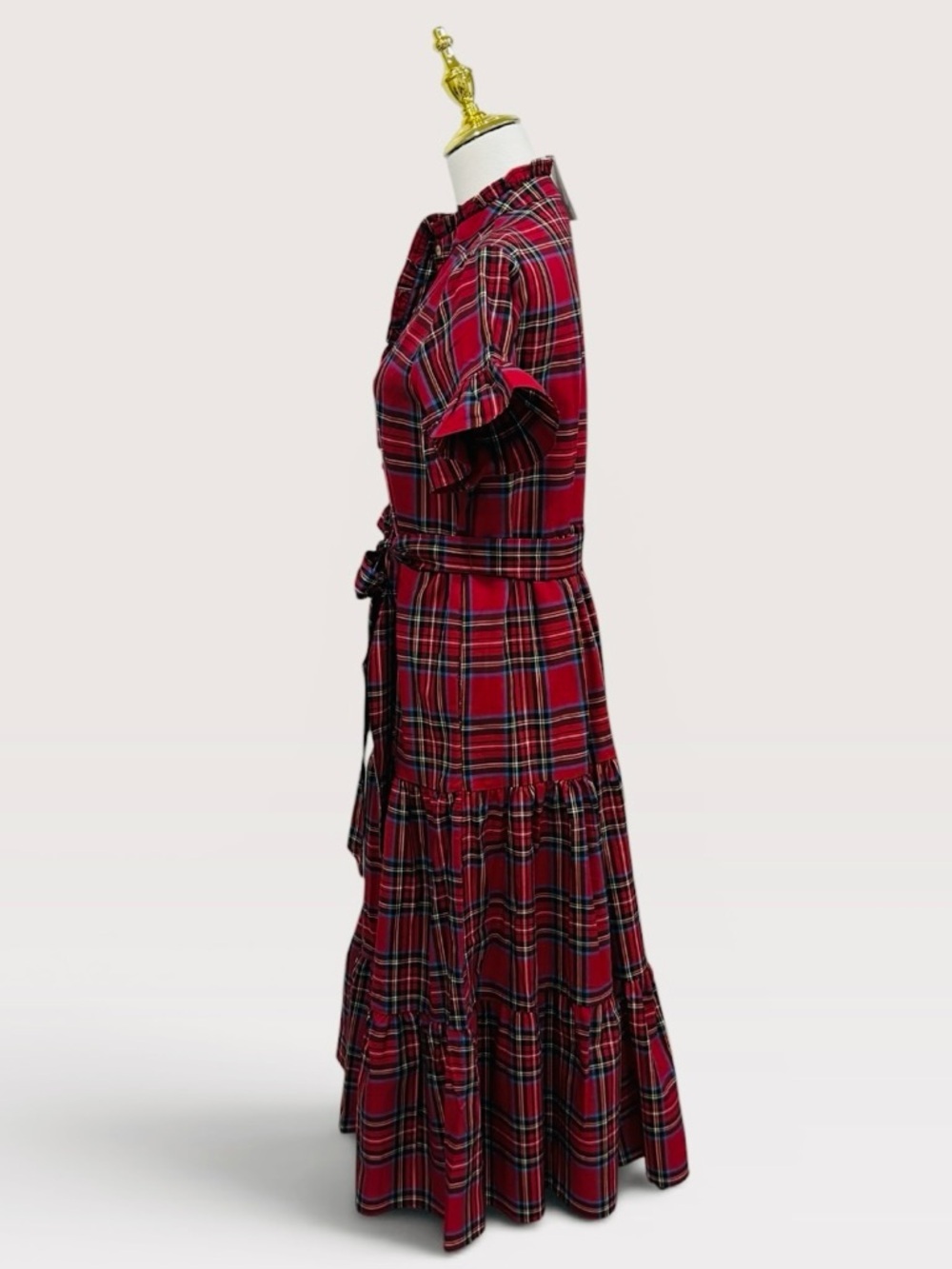 J. MARIE XS HOLLIN BELTED SHORT SLEEVE MIDI DRESS RED TARTAN PLAID NWT $180 - Picture 13 of 15